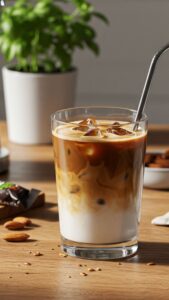 iced protein coffee in a clear glass with straw on wooden table