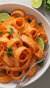 carrot ribbon salad with sesame lime dressing on rustic wooden table