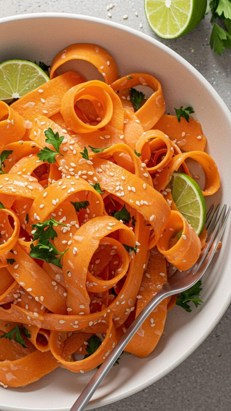 carrot ribbon salad with sesame lime dressing on rustic wooden table