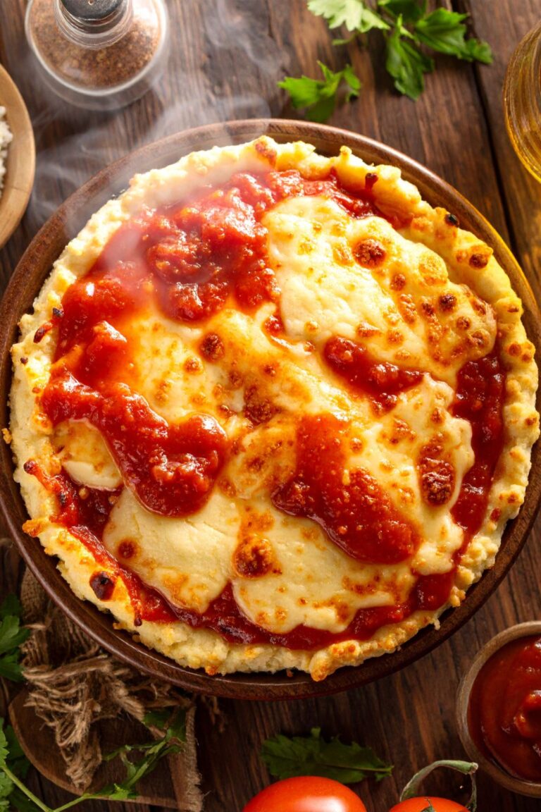 Fresh cottage cheese pizza bowl with melted cheese and marinara