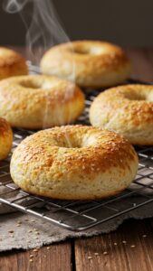 Freshly baked cottage cheese protein bagels cooling on a rack