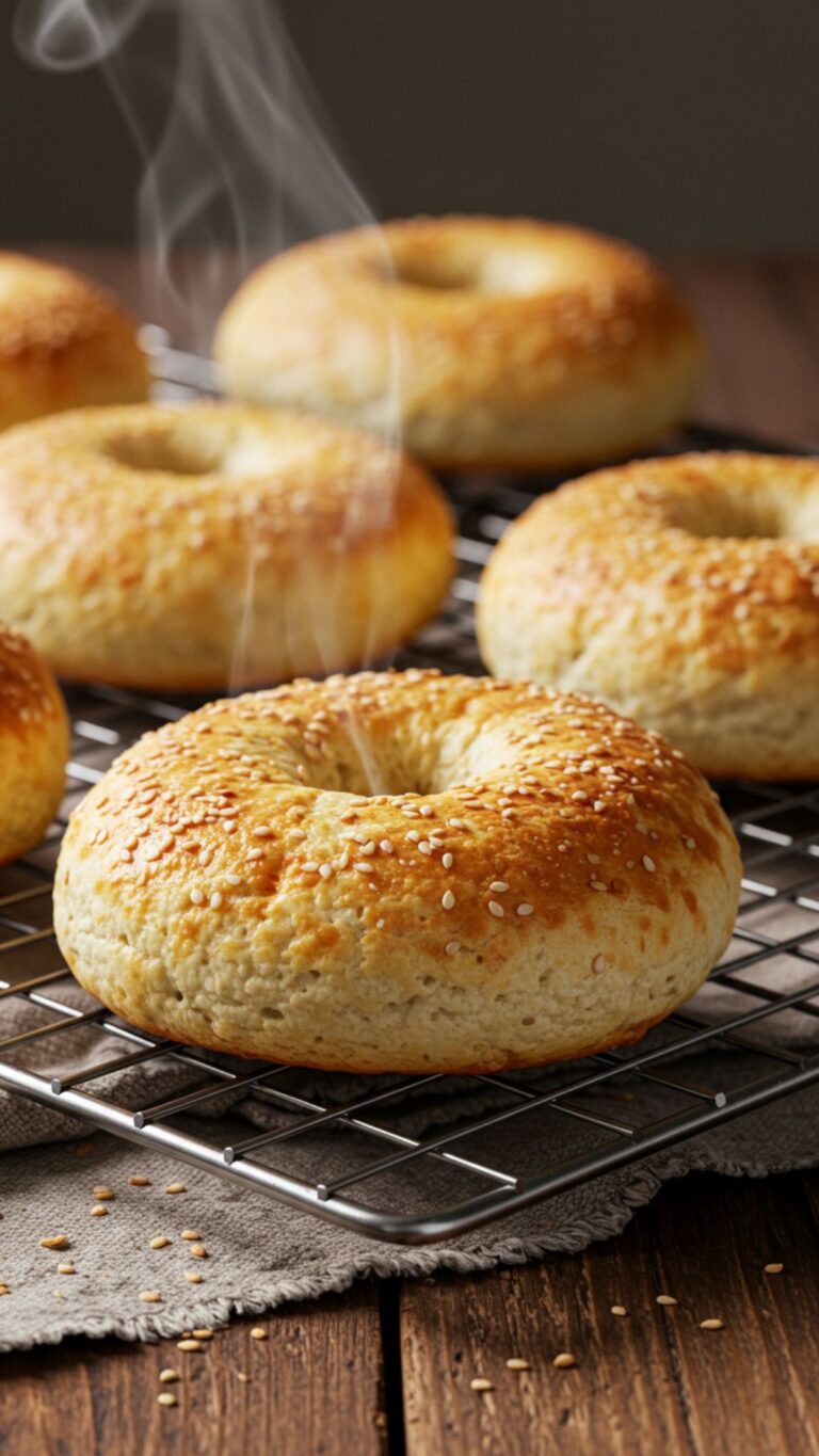 Freshly baked cottage cheese protein bagels cooling on a rack