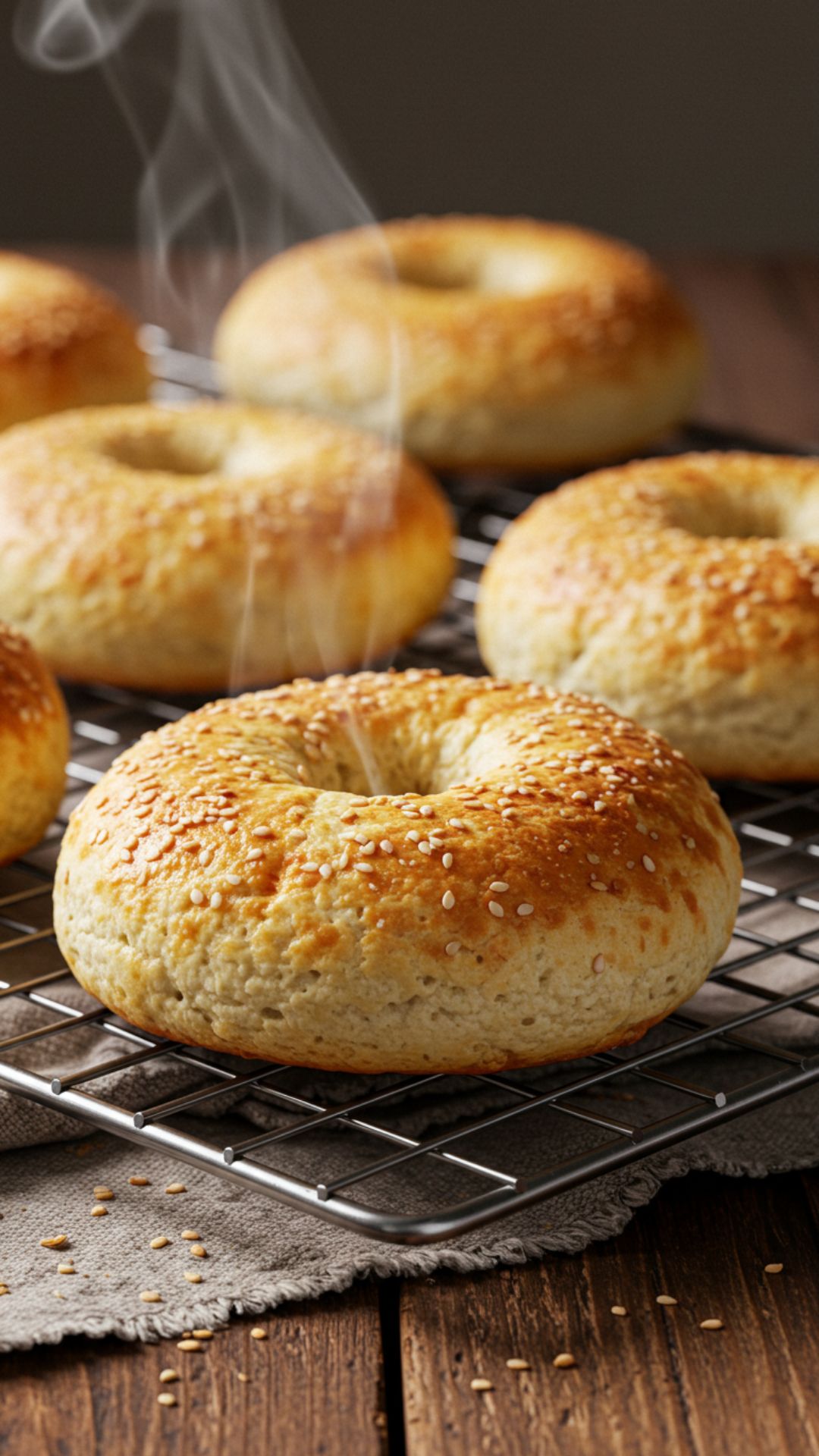 Freshly baked cottage cheese protein bagels cooling on a rack