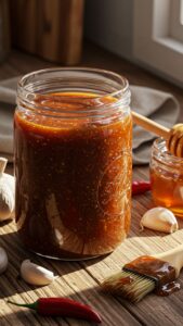 Thick homemade hot honey BBQ sauce in a jar with fresh garlic, chili peppers, and honey