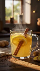 natural Zepbound recipe detox drink in warm morning light with lemon, ginger, and cinnamon