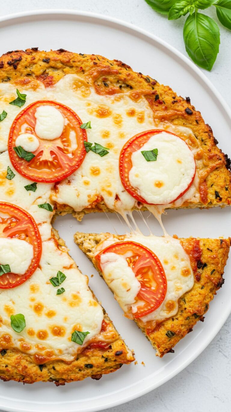 Thin chicken crust pizza topped with cheese and tomato slices, with one slice removed showing melted cheese.