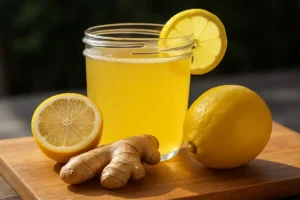 Glass of natural Mounjaro recipe drink with lemon and ginger on a wooden board