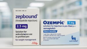 Zepbound vs Ozempic medication comparison on a pharmacy shelf