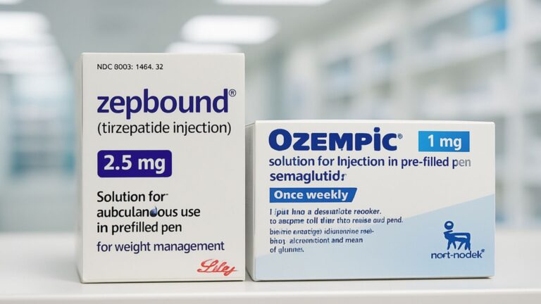Zepbound vs Ozempic medication comparison on a pharmacy shelf