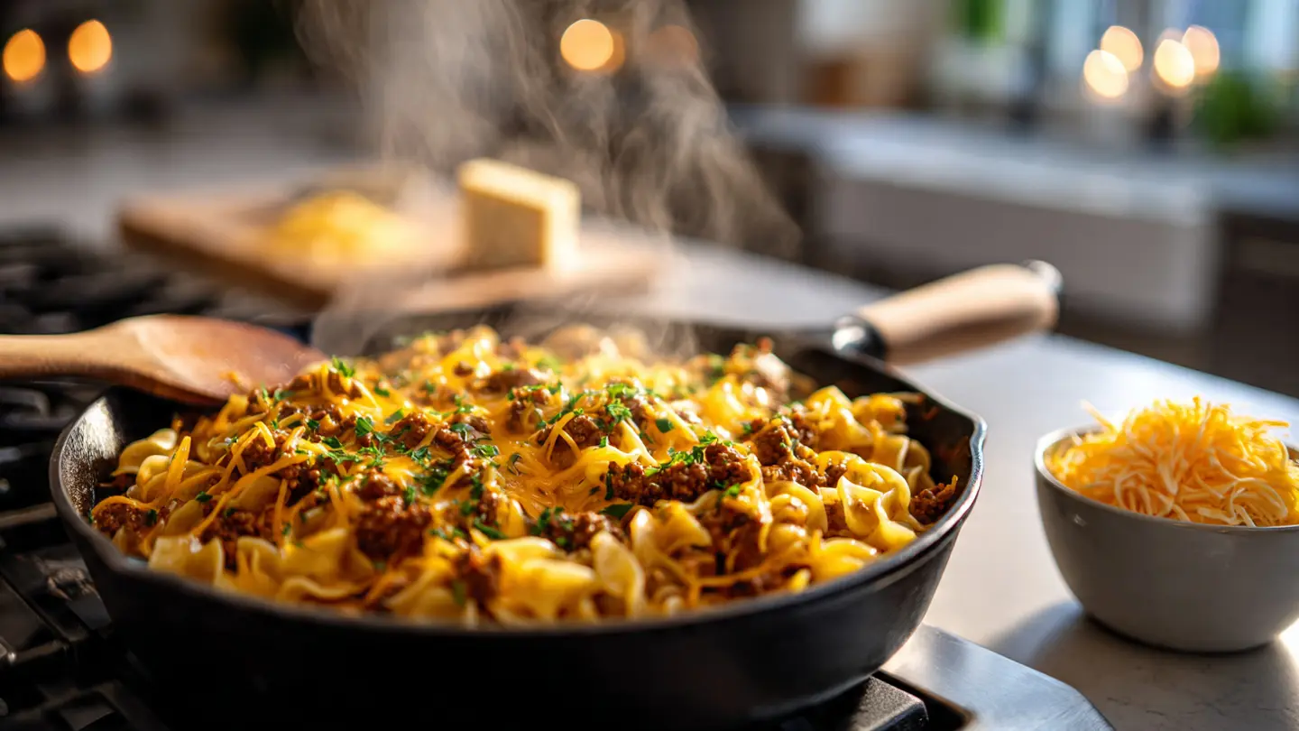 a skillet filled with creamy cheeseburger pasta