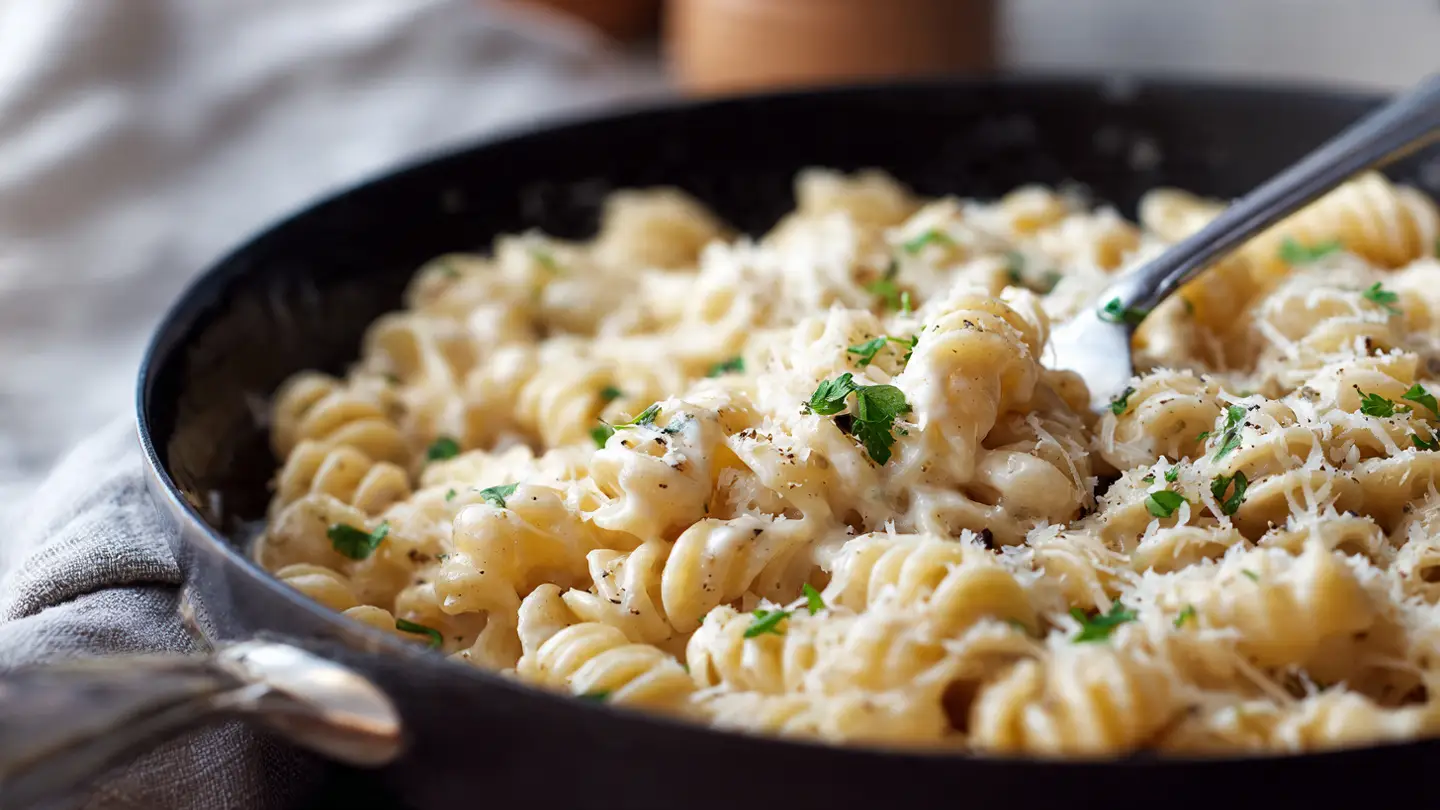 optipic close up of a deep skillet filled with